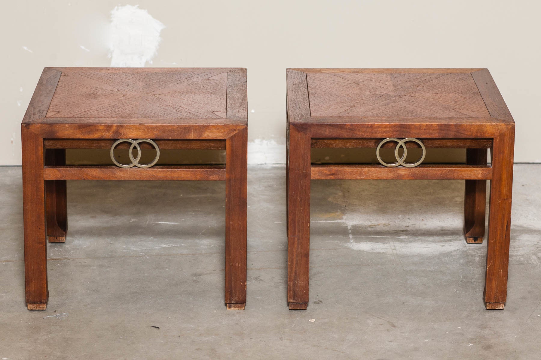 Mid-Century Baker Campaign Style Square End Tables Nightstands (Pair)