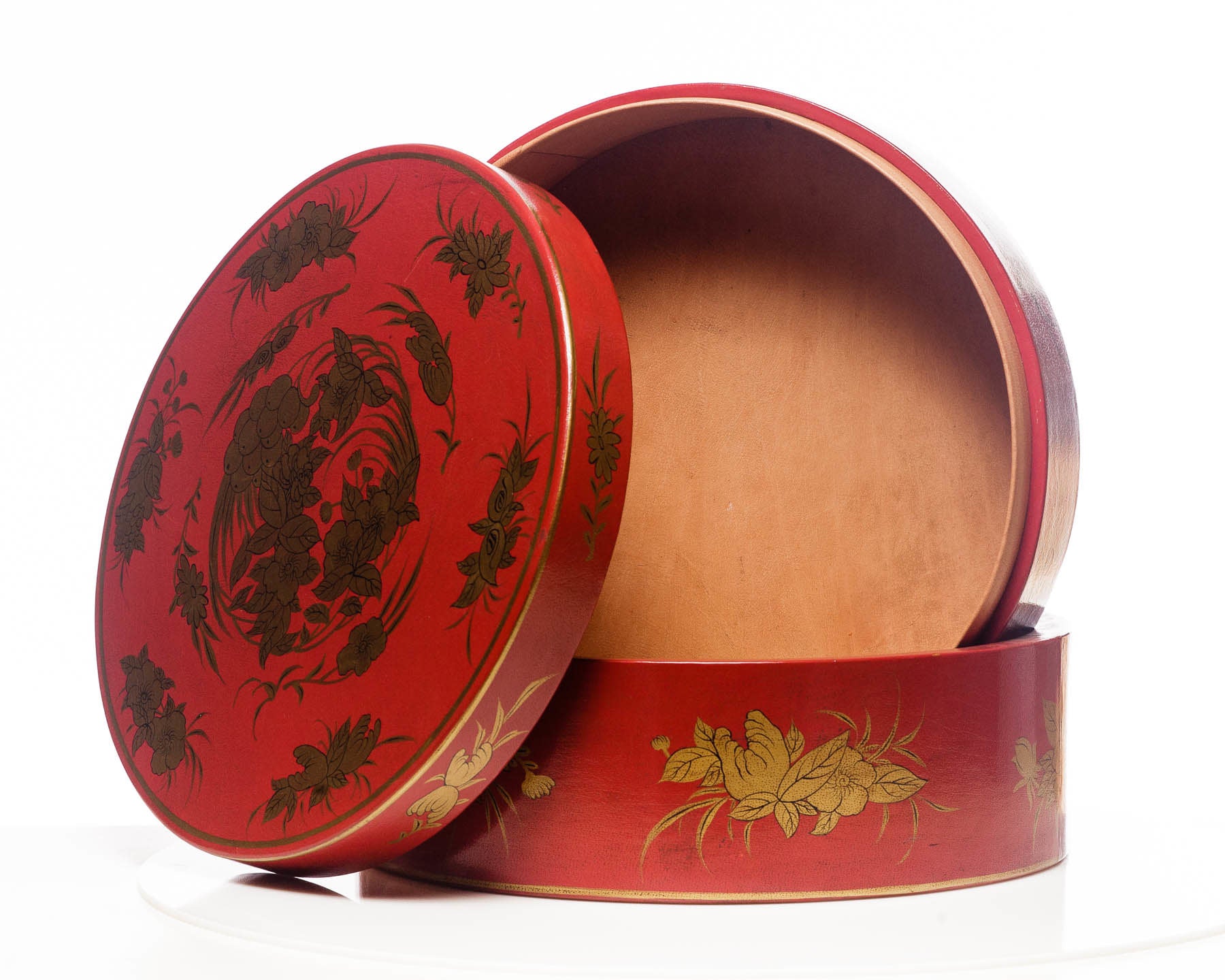Mandarin Red Nurture 2-Tier Round Leather Sewing Box (14")