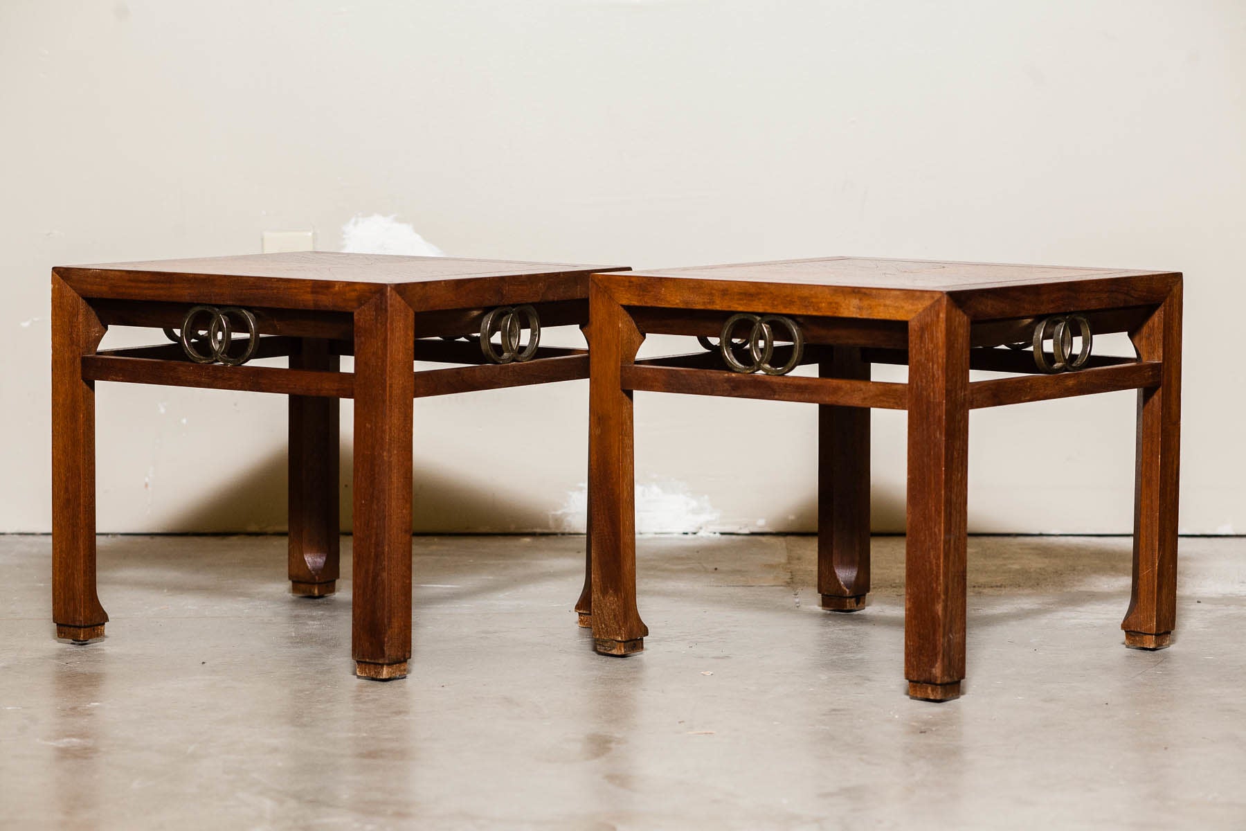 Mid-Century Baker Campaign Style Square End Tables Nightstands (Pair)