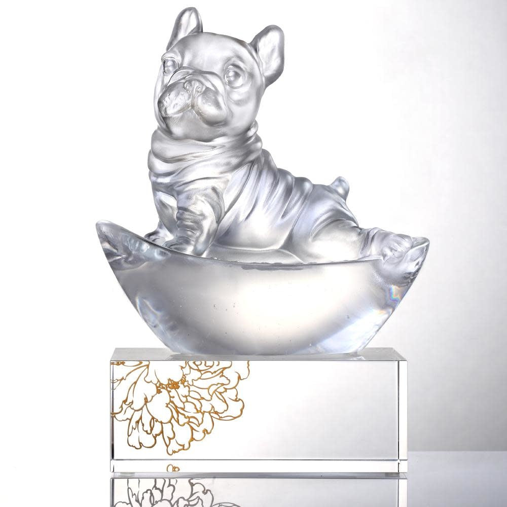 LIULI Crystal Art Crystal French Bulldog Heads Up! (Exclusive U.S. Edition with Gilded Peony Display Base)