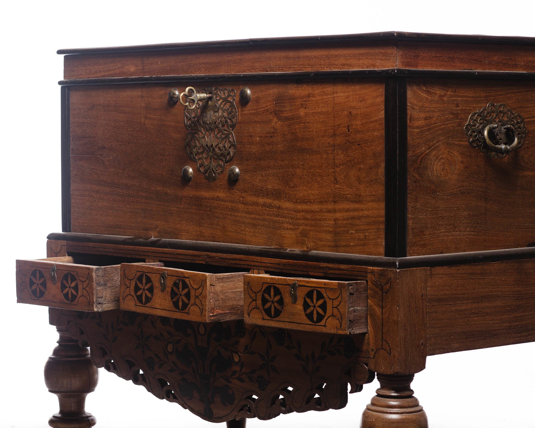 Dutch Colonial Style Teak, Ebony Wood Chest on Stand
