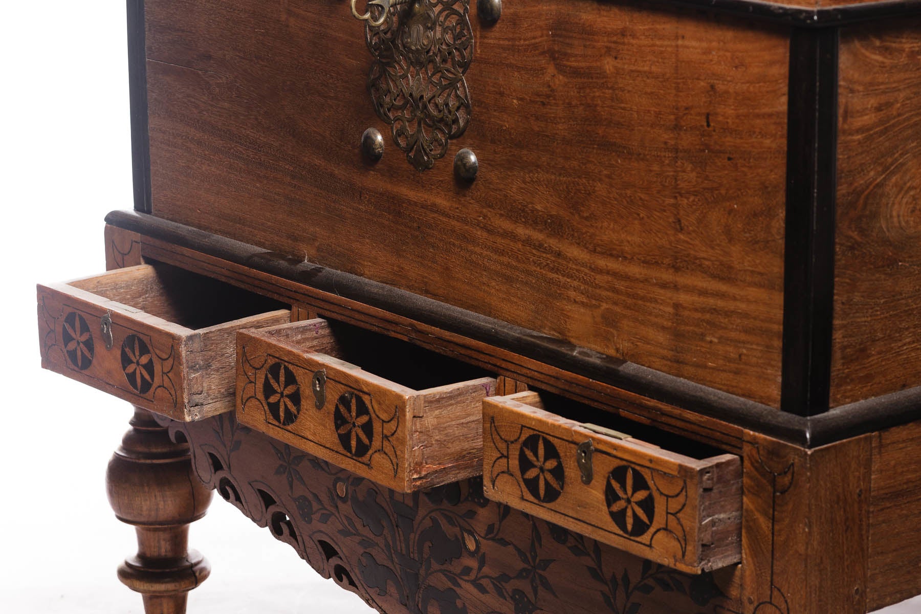 Dutch Colonial Style Teak, Ebony Wood Chest on Stand