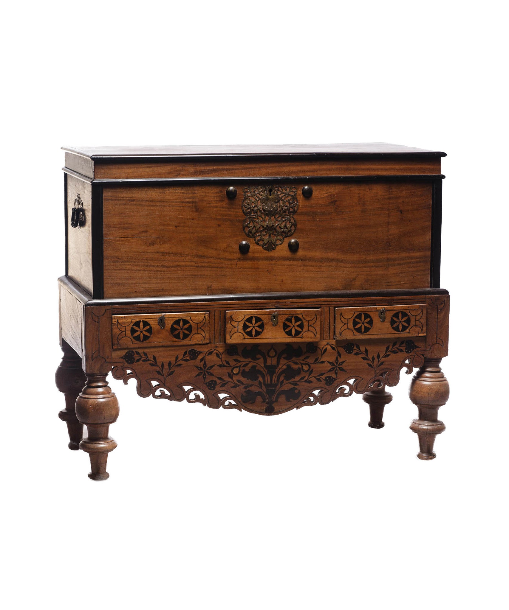 Dutch Colonial Style Teak, Ebony Wood Chest on Stand