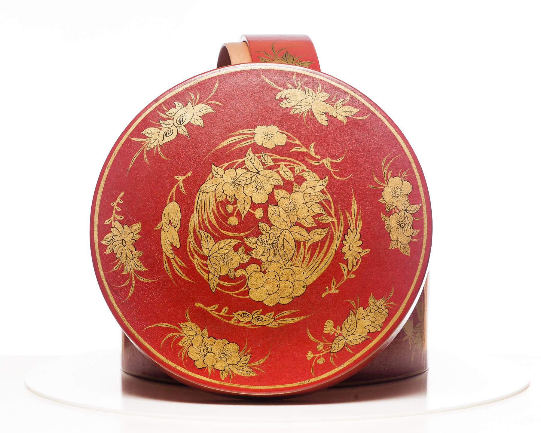 Mandarin Red Nurture 2-Tier Round Leather Sewing Box (14")