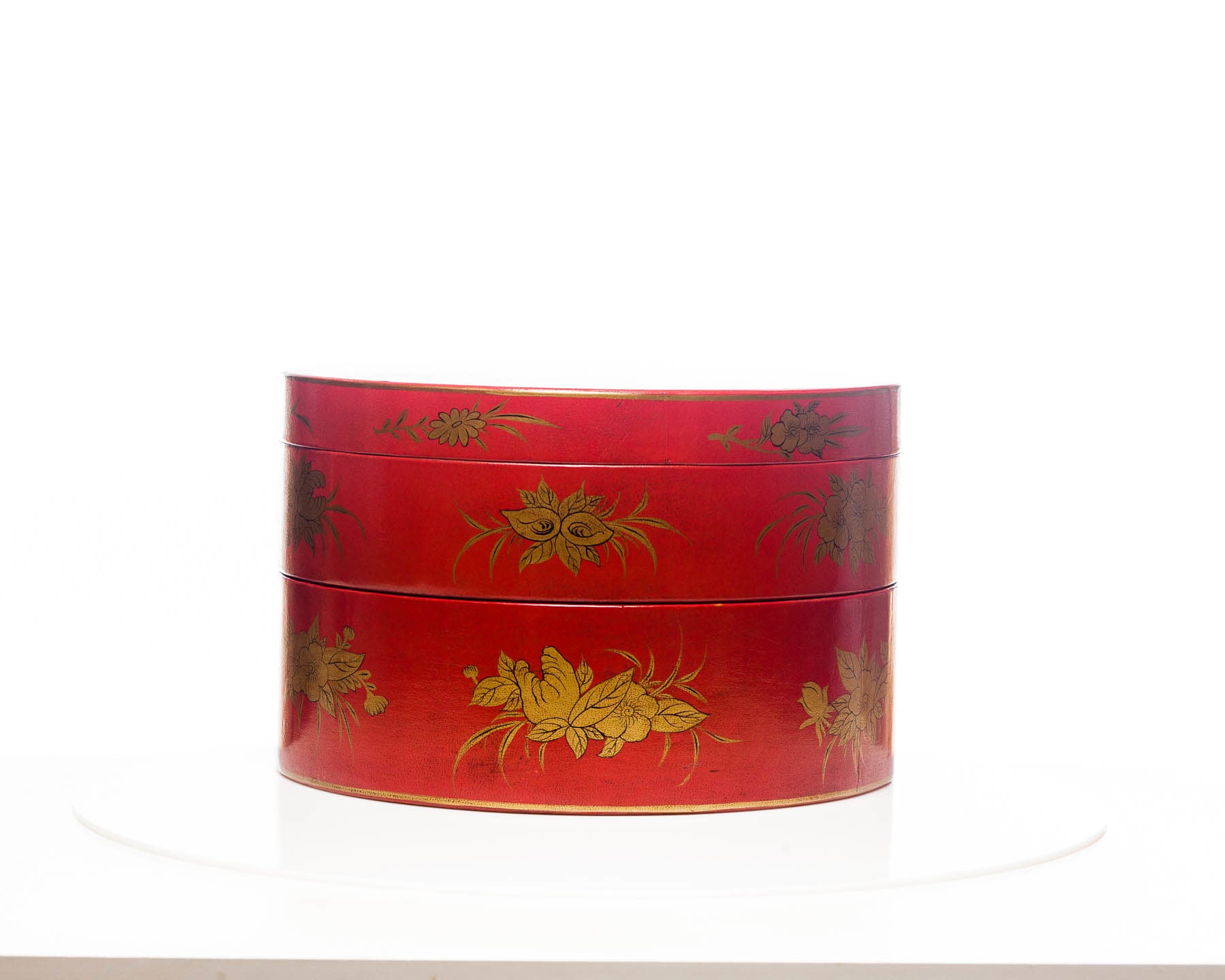 Mandarin Red Nurture 2-Tier Round Leather Sewing Box (14")