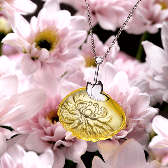 LIULI Crystal Art Crystal and Sterling Silver "The Sun Within" Dahlia Pendant Necklace in Amber