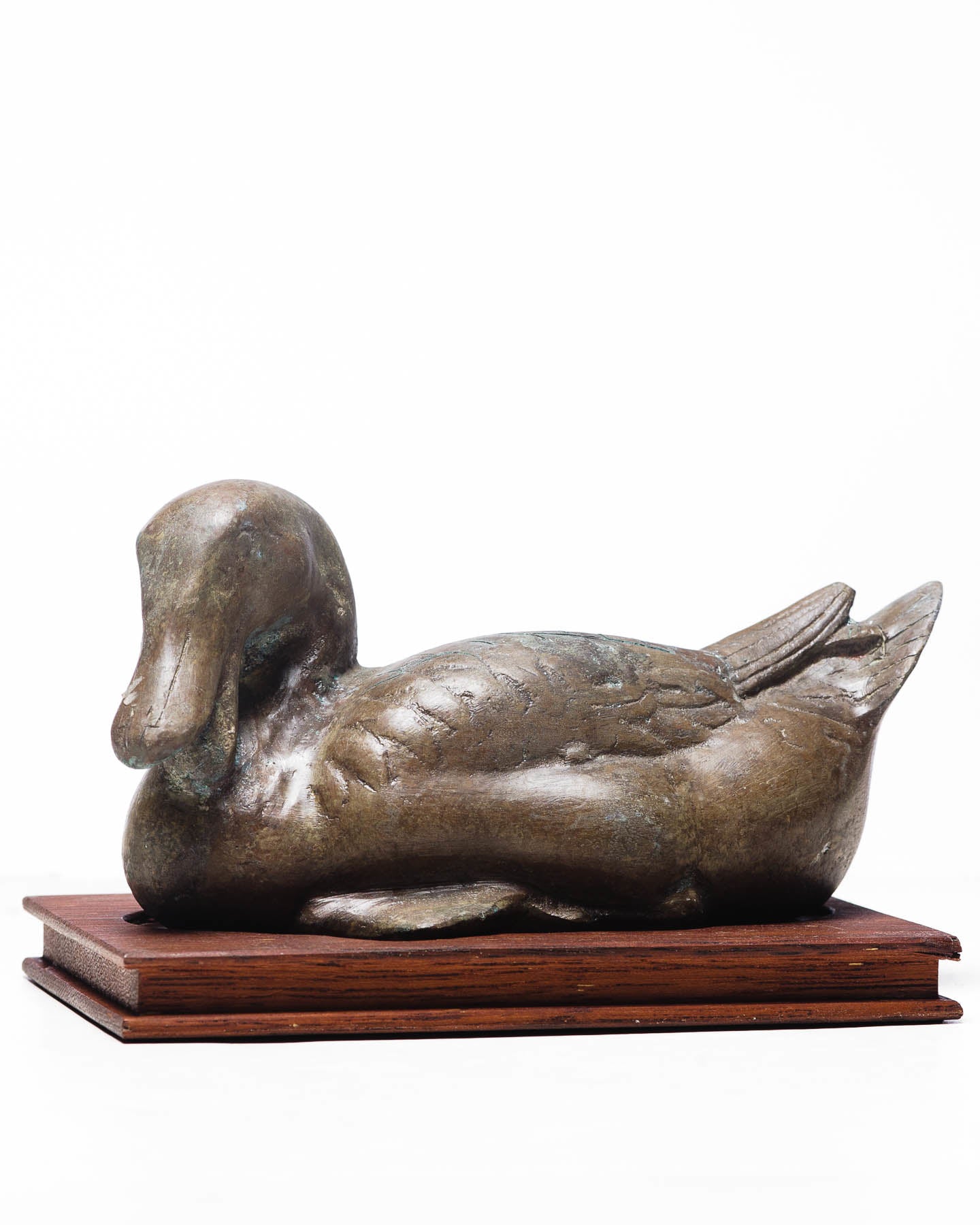 Patinated Verdigris Bronze Duck with Hongmu Wood Stand
