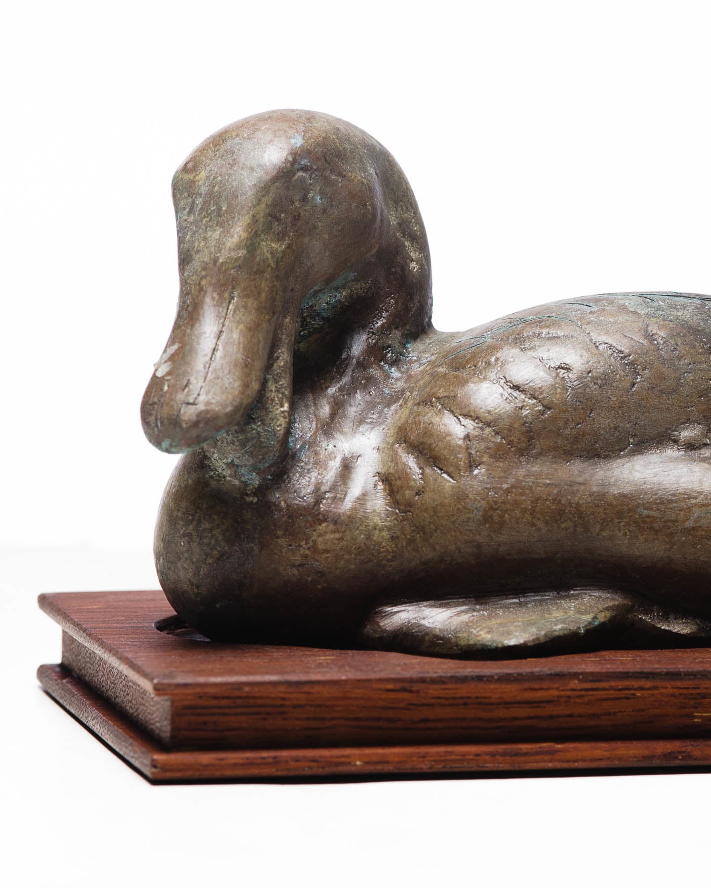 Patinated Verdigris Bronze Duck with Hongmu Wood Stand