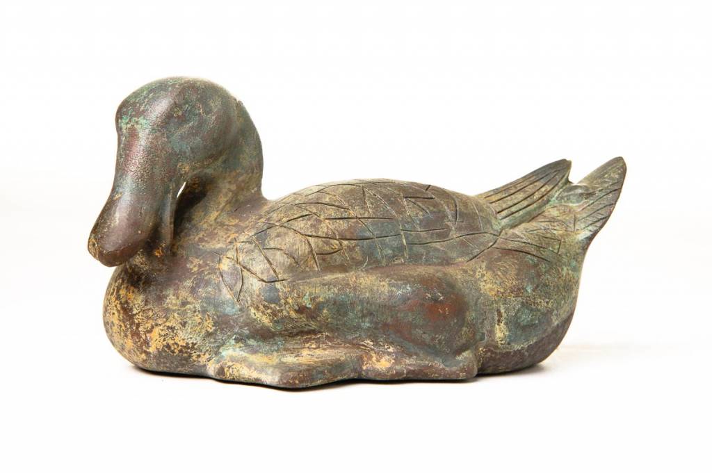 Patinated Verdigris Bronze Duck with Hongmu Wood Stand