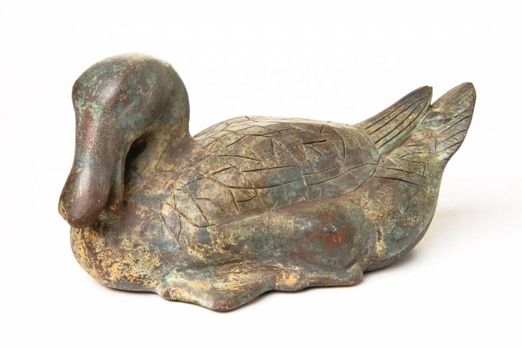 Patinated Verdigris Bronze Duck with Hongmu Wood Stand
