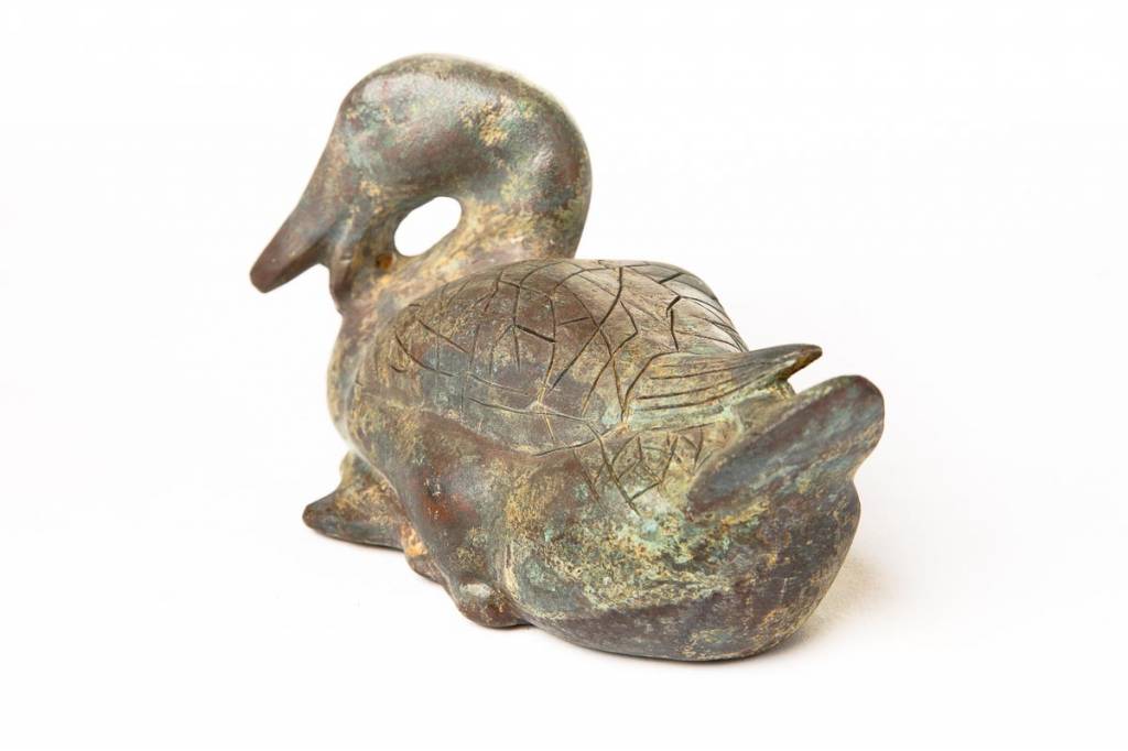 Patinated Verdigris Bronze Duck with Hongmu Wood Stand