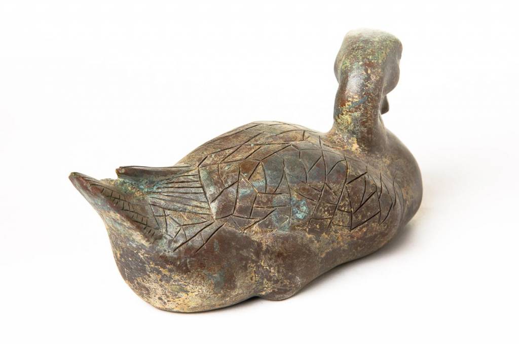 Patinated Verdigris Bronze Duck with Hongmu Wood Stand
