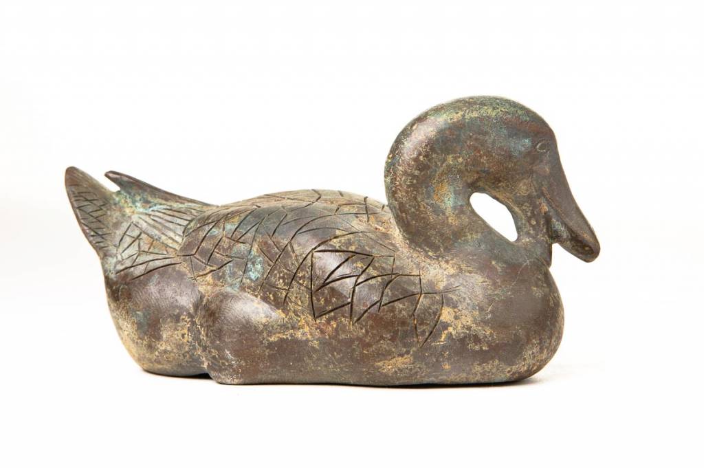Patinated Verdigris Bronze Duck with Hongmu Wood Stand