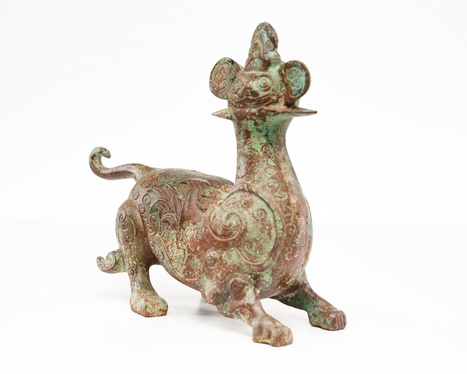 Verdigris Bronze Mythical Dragon with Hongmu Wood Stand