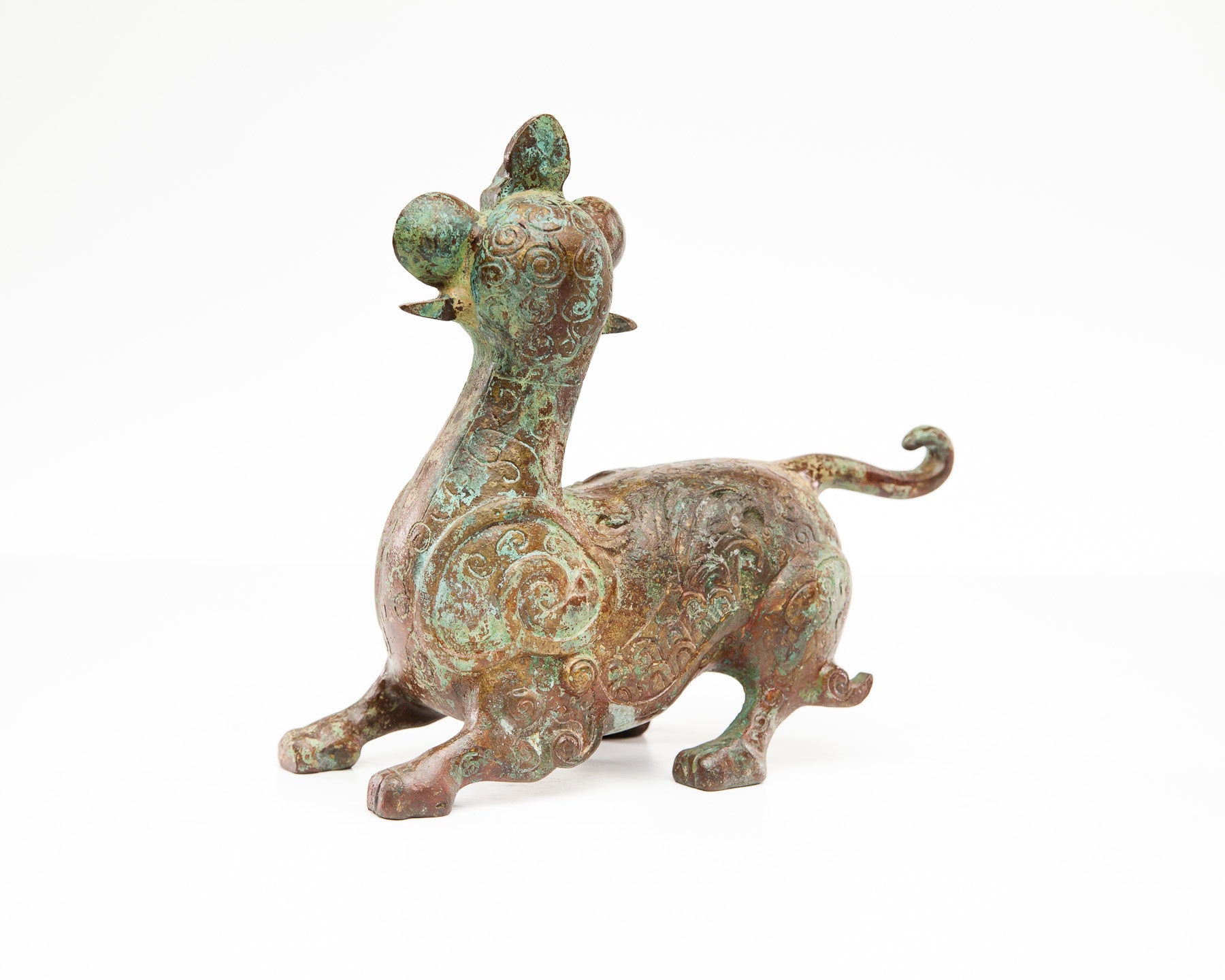 Verdigris Bronze Mythical Dragon with Hongmu Wood Stand