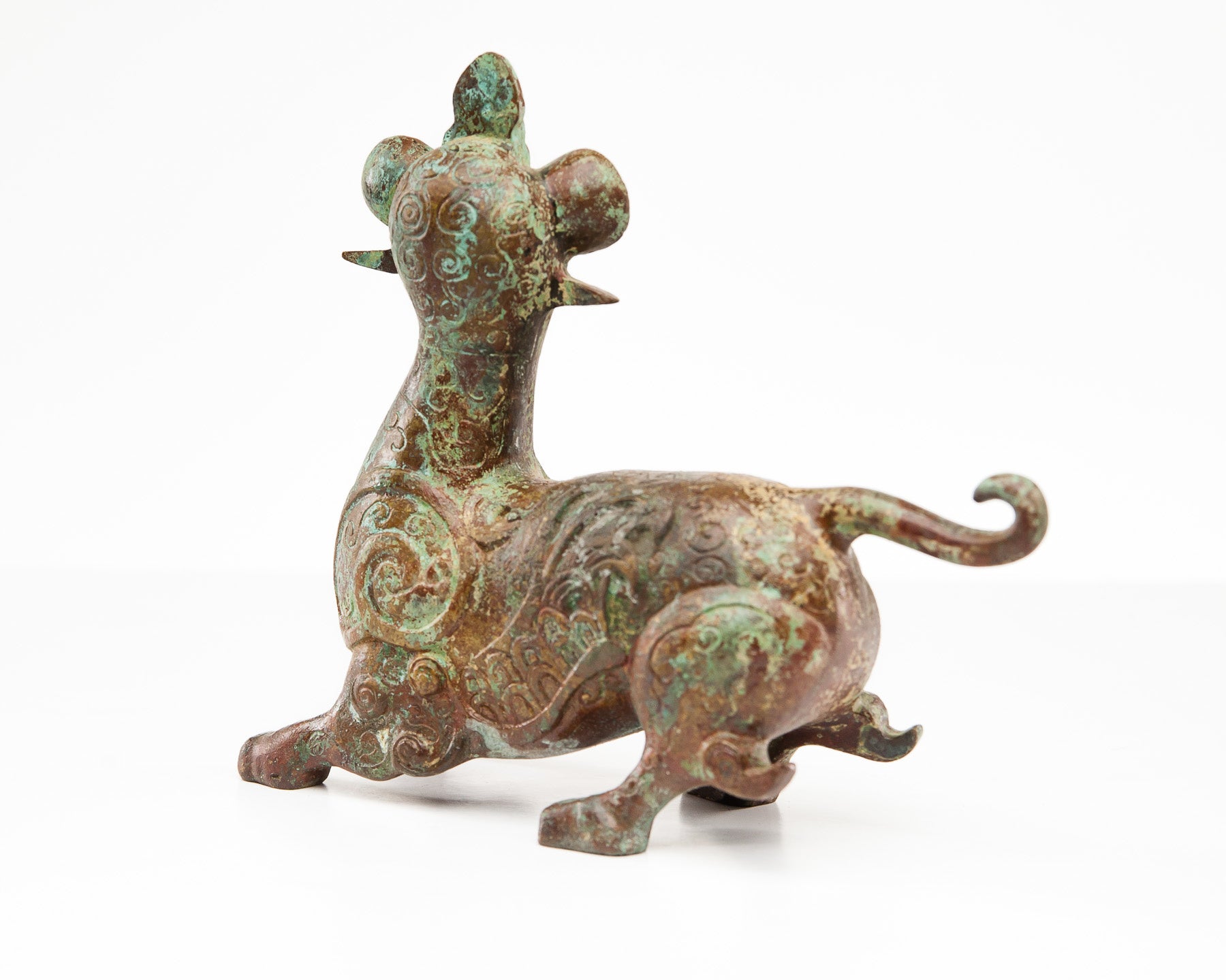 Verdigris Bronze Mythical Dragon with Hongmu Wood Stand
