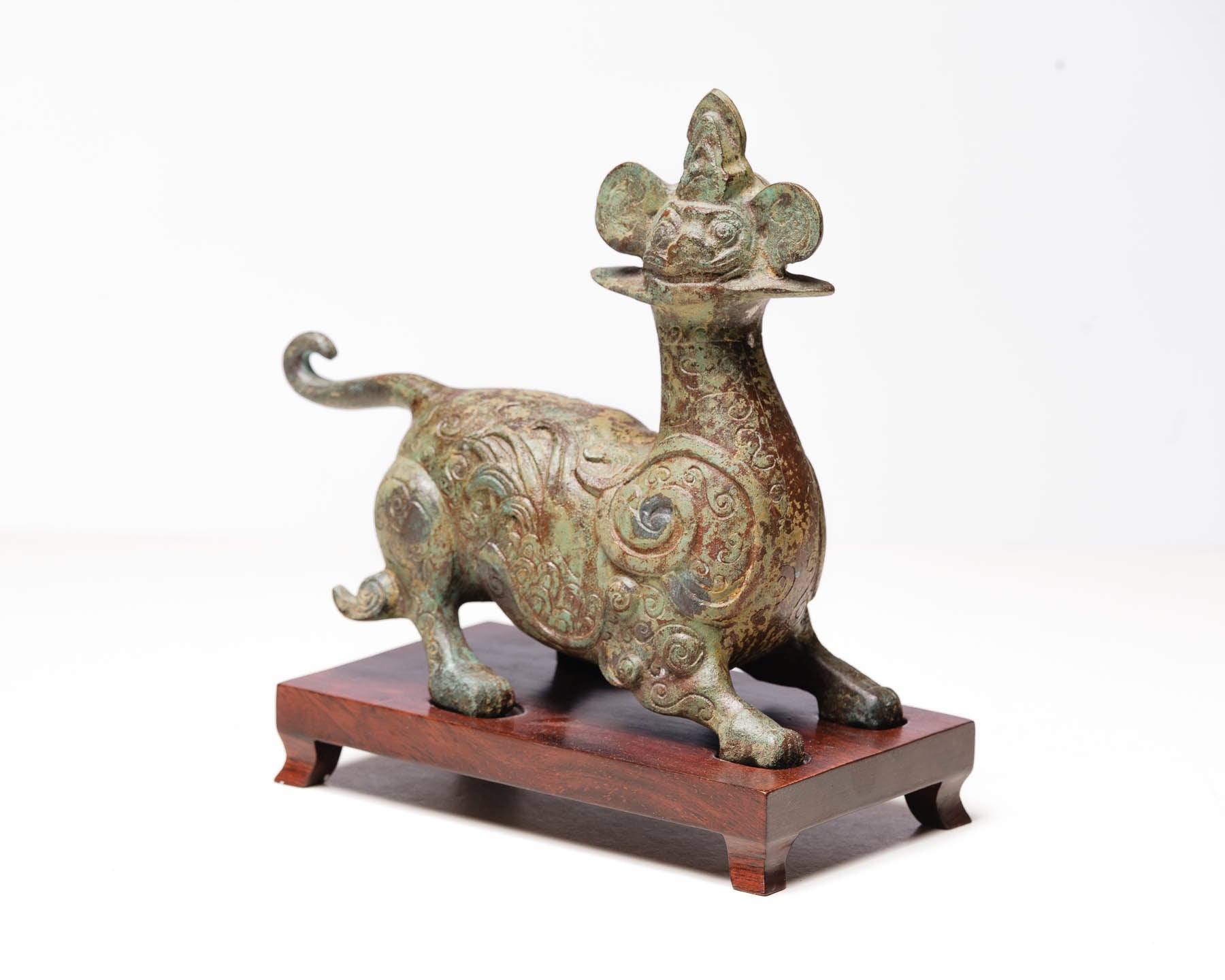 Verdigris Bronze Mythical Dragon with Hongmu Wood Stand
