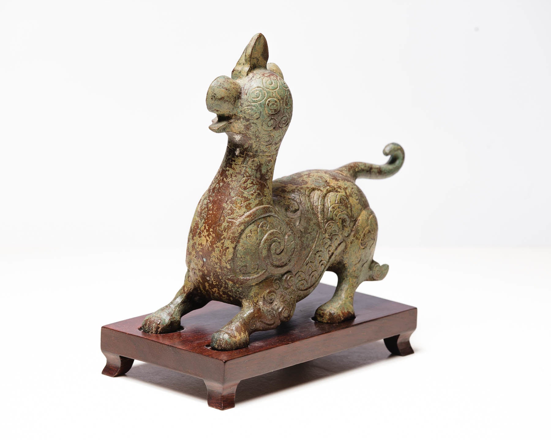 Verdigris Bronze Mythical Dragon with Hongmu Wood Stand