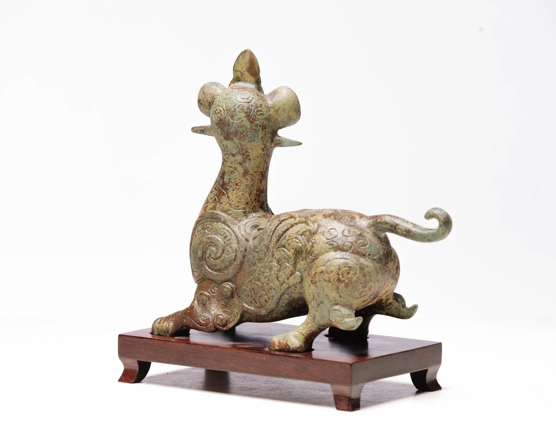 Verdigris Bronze Mythical Dragon with Hongmu Wood Stand