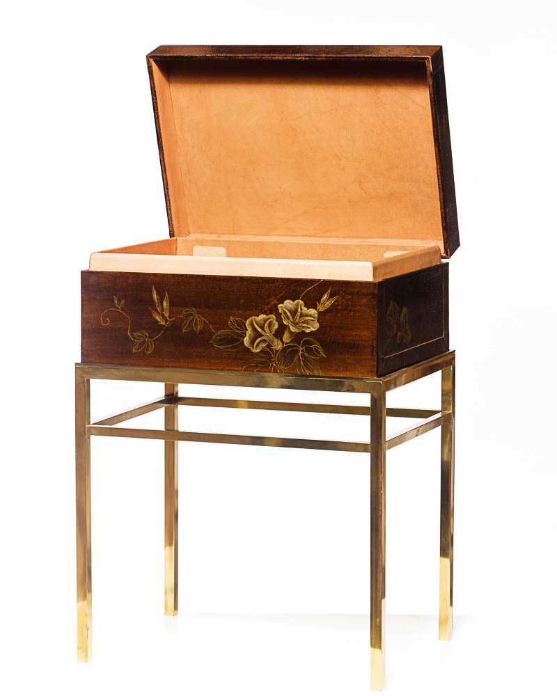 Mahogany Valentine Leather Box (16.5") with hand-painted morning glories