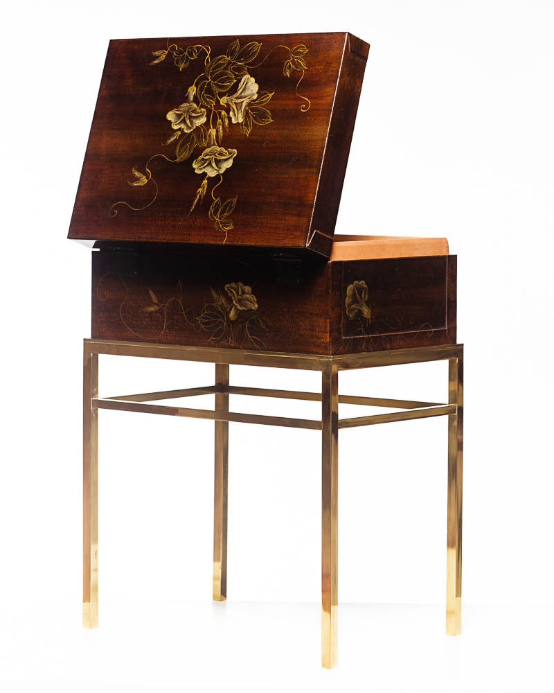 Mahogany Valentine Leather Box (16.5") with hand-painted morning glories