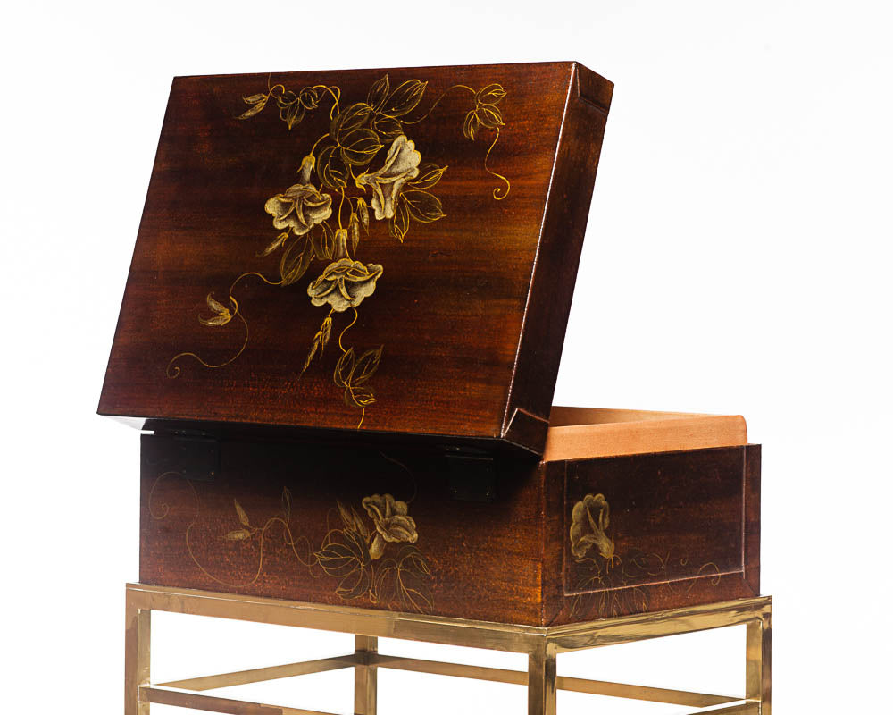 Mahogany Valentine Leather Box (16.5") with hand-painted morning glories