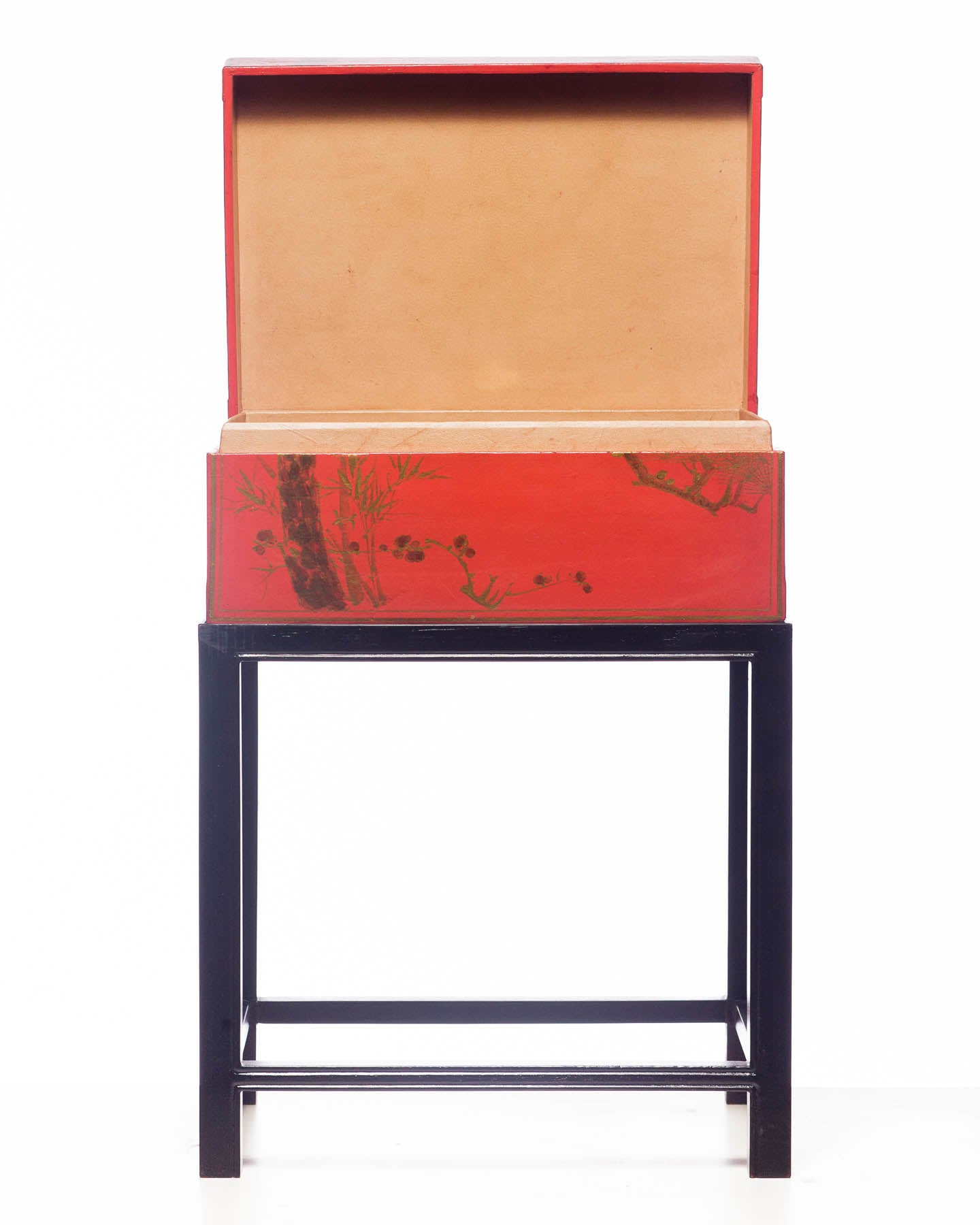 "Three Friends of Winter" Mandarin Red Leather Box on Wood Stand as Side Table