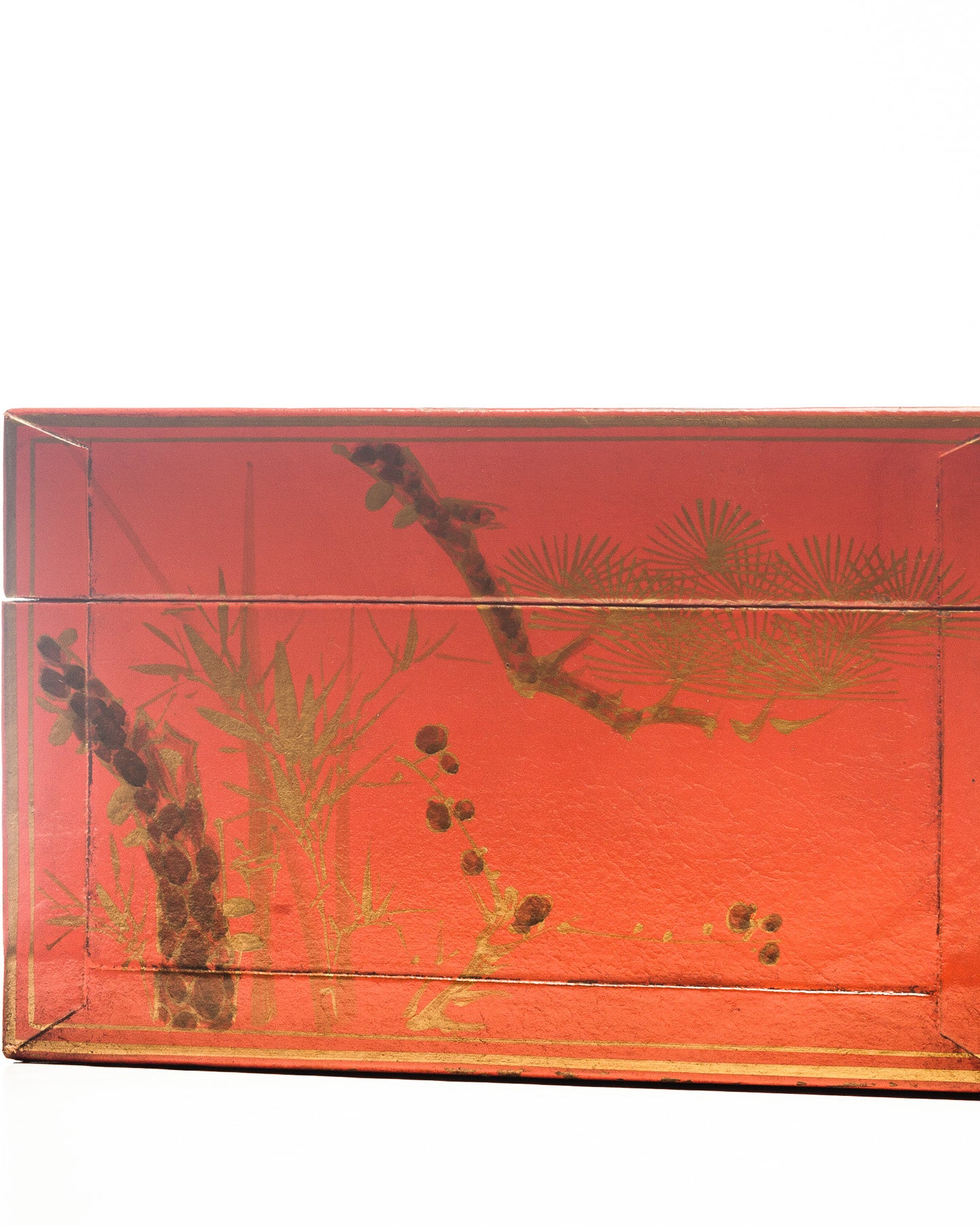 "Three Friends of Winter" Mandarin Red Leather Box on Wood Stand as Side Table