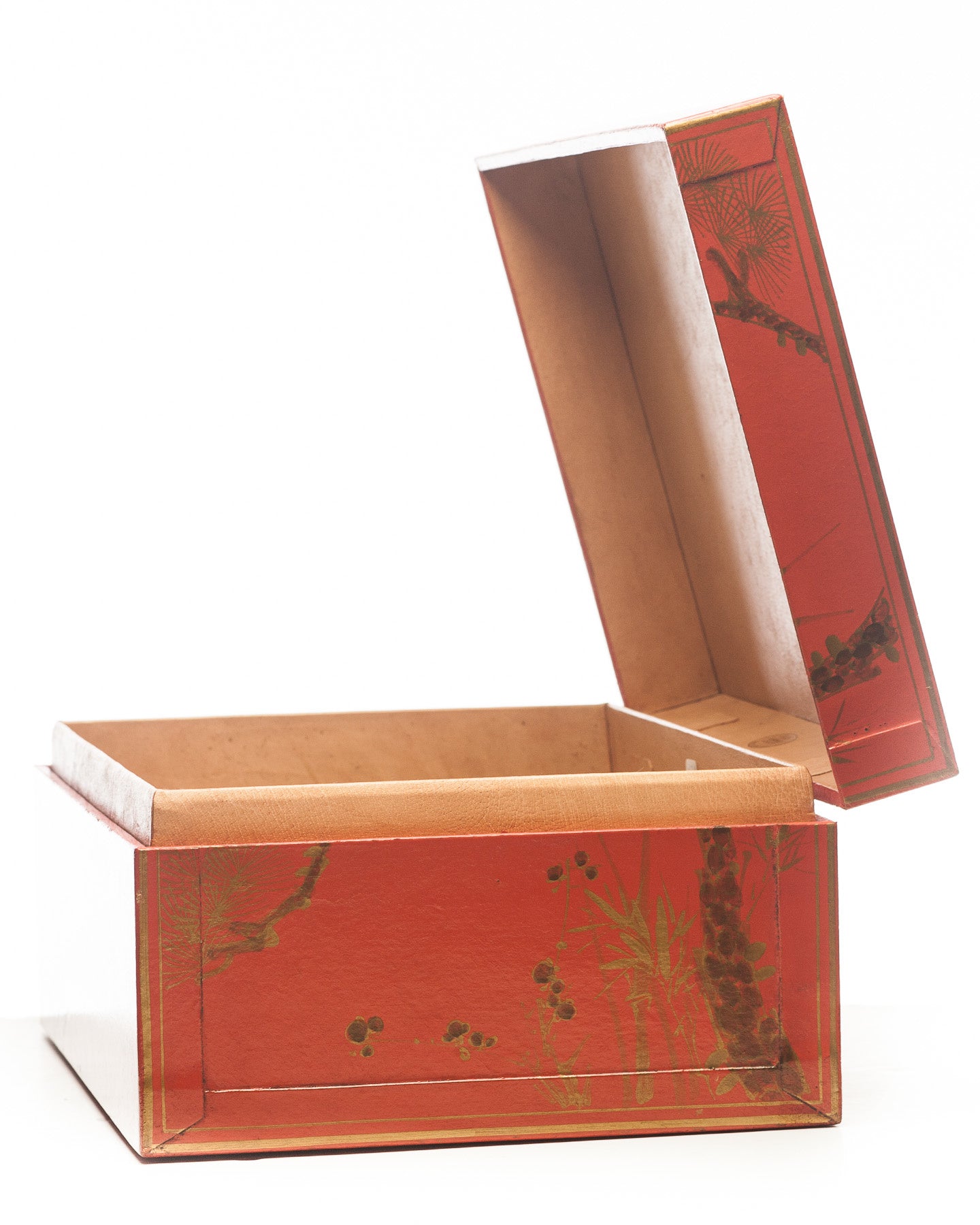 "Three Friends of Winter" Mandarin Red Leather Box on Wood Stand as Side Table