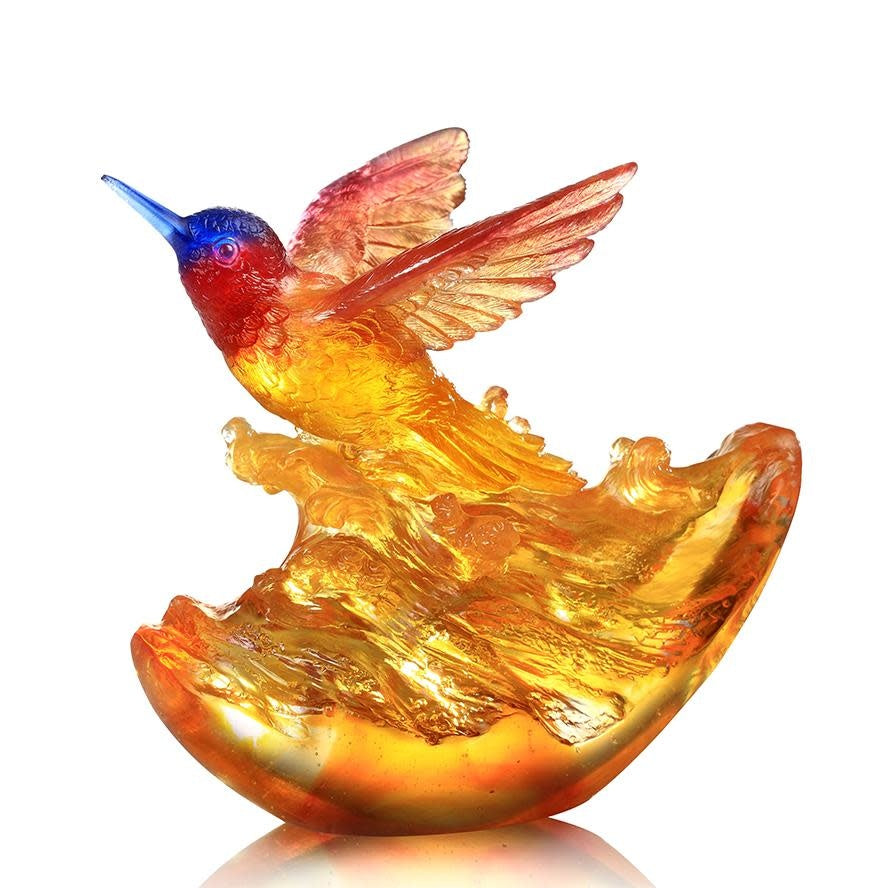 LIULI Crystal Art Crystal Humming Bird "Victory by Daybreak" (Gold/Red)