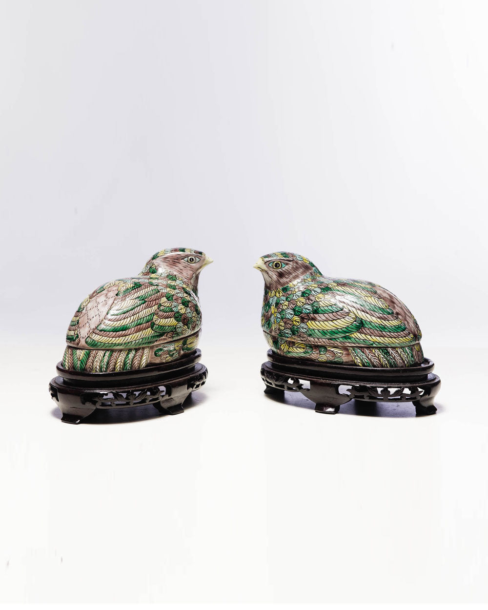 Porelain Quail Box on Carved Stand Multicolored, 20th Century, 3.5 x 8 x 5''