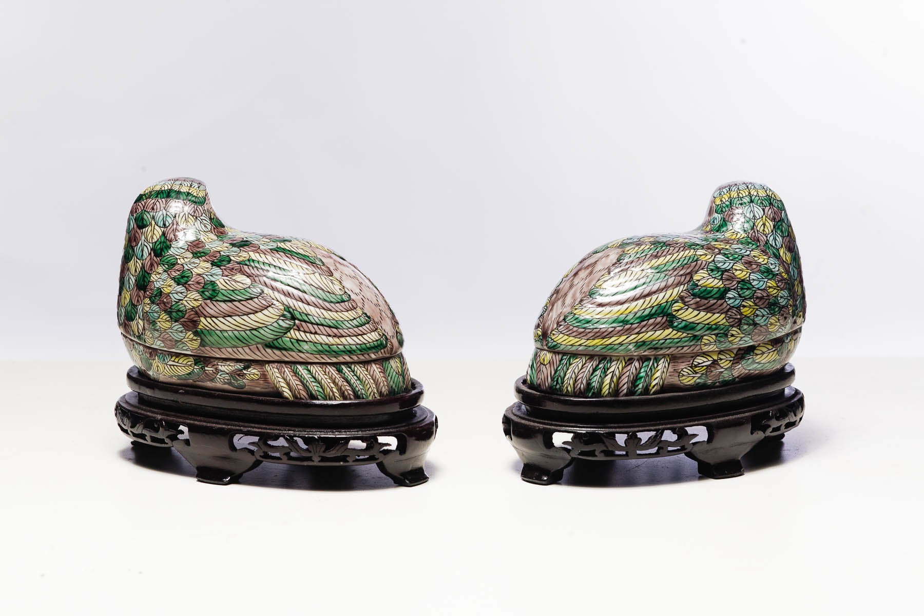 Porelain Quail Box on Carved Stand Multicolored, 20th Century, 3.5 x 8 x 5''