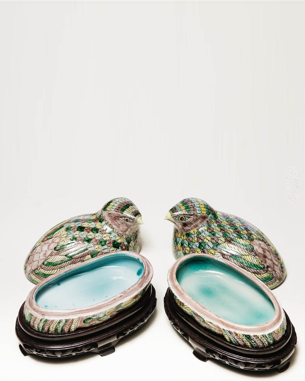 Porelain Quail Box on Carved Stand Multicolored, 20th Century, 3.5 x 8 x 5''