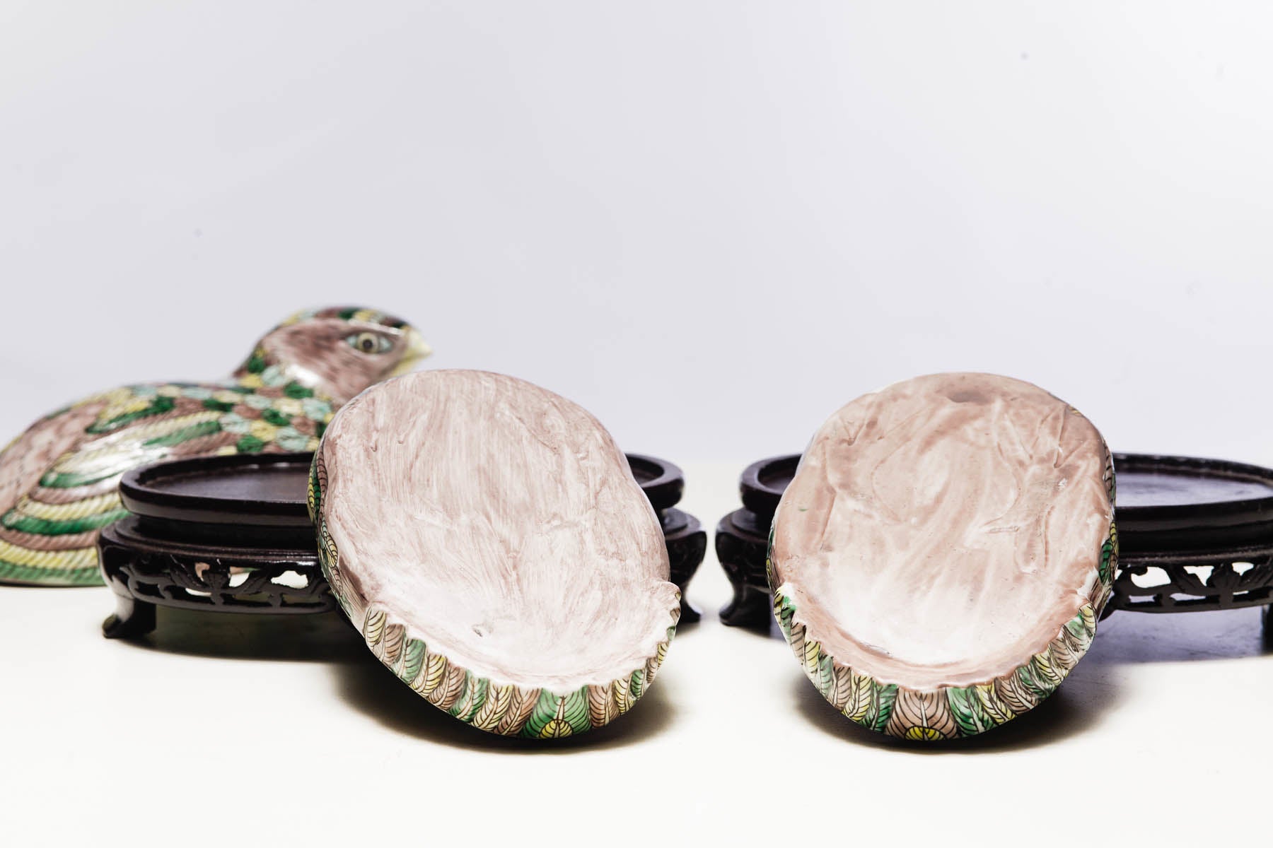 Porelain Quail Box on Carved Stand Multicolored, 20th Century, 3.5 x 8 x 5''