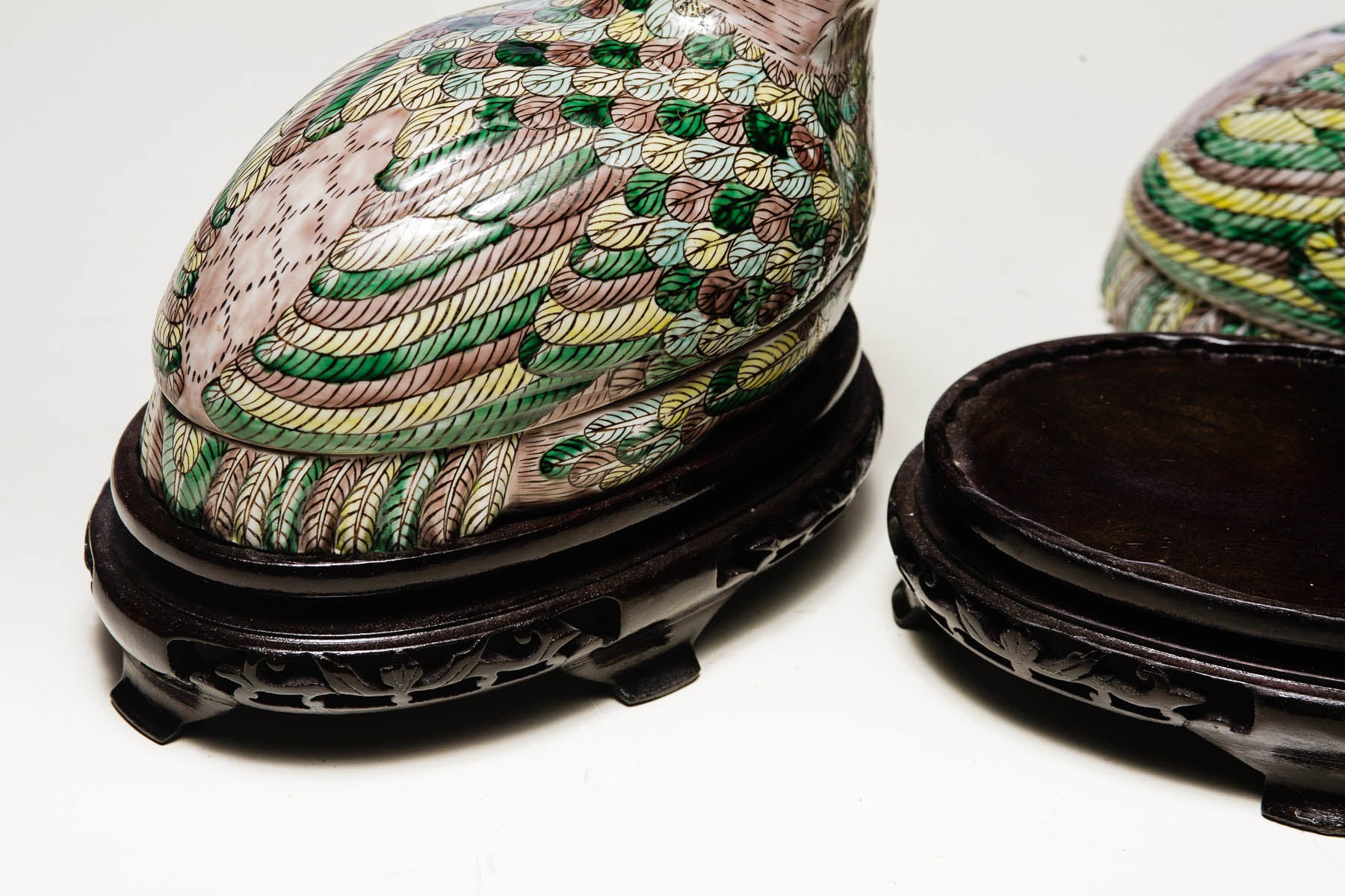 Porelain Quail Box on Carved Stand Multicolored, 20th Century, 3.5 x 8 x 5''