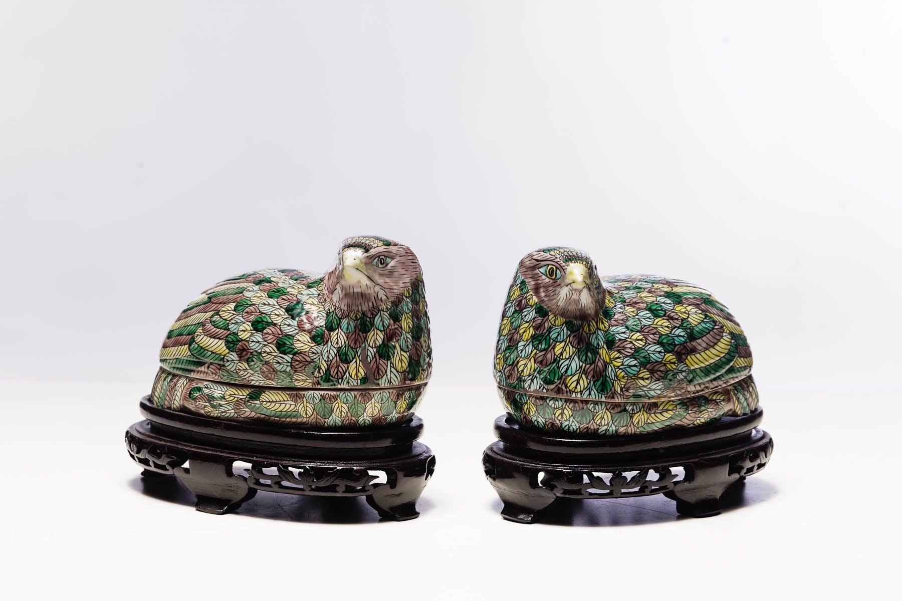 Porelain Quail Box on Carved Stand Multicolored, 20th Century, 3.5 x 8 x 5''