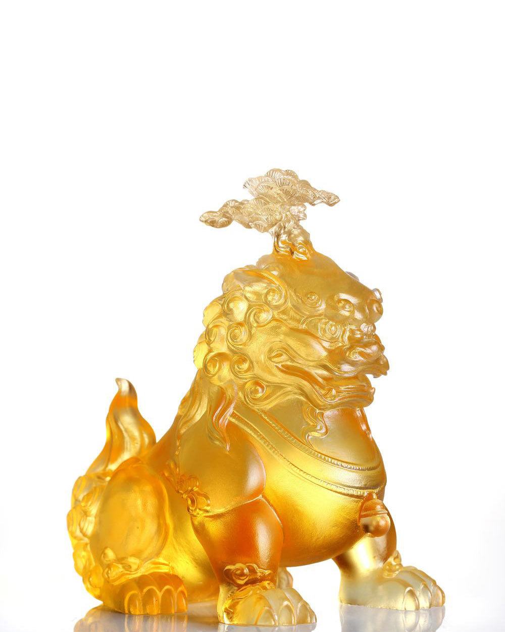 LIULI Crystal Art Crystal Foo Dog, Evergreen Pine Sculpture, "The Evergreen Lion" in Gold