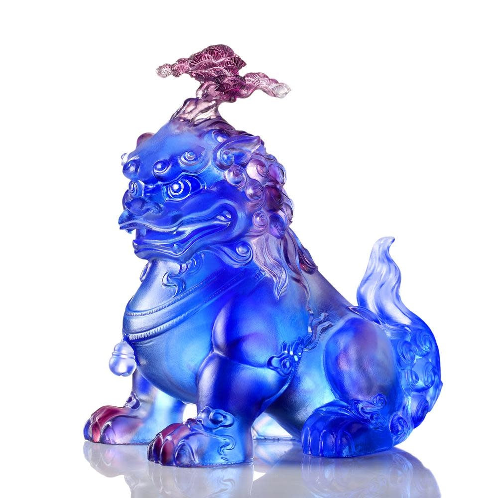 LIULI Crystal Art Crystal Foo Dog, Evergreen Pine Sculpture, "The Evergreen Lion" in Blue Purple