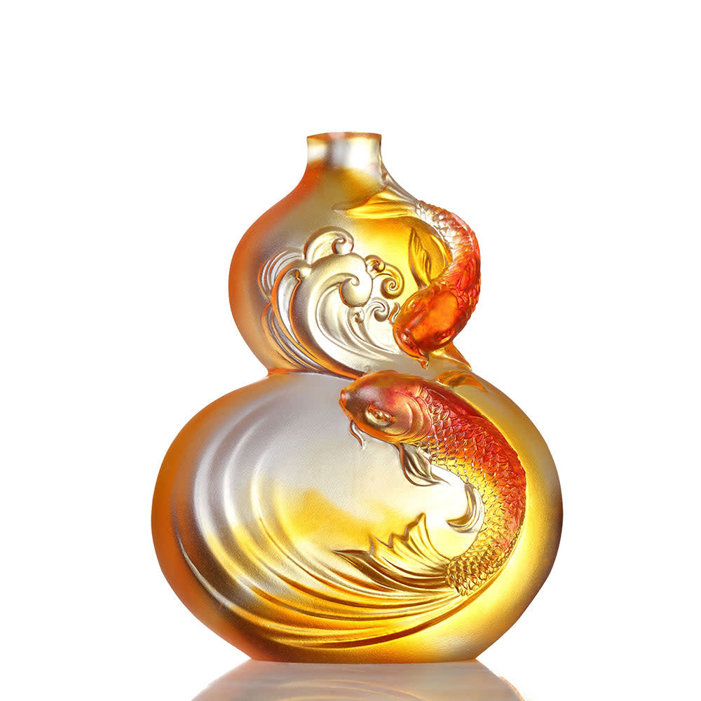 LIULI Crystal Art Crystal Hulu Gourd & Koi Fish, "Waters of Abundance"
