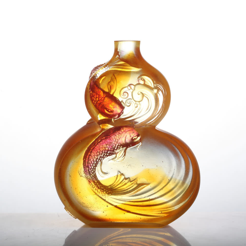 LIULI Crystal Art Crystal Hulu Gourd & Koi Fish, "Waters of Abundance"