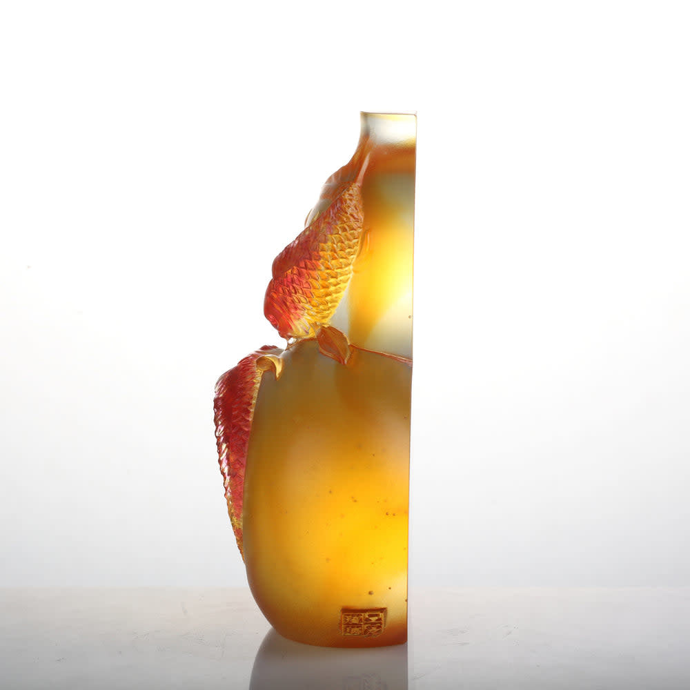 LIULI Crystal Art Crystal Hulu Gourd & Koi Fish, "Waters of Abundance"
