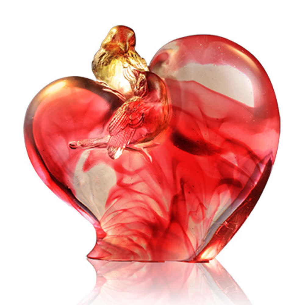 LIULI Crystal Art Bird on Heart Shape Figurine (Romance and Love) - "Amorous Words"