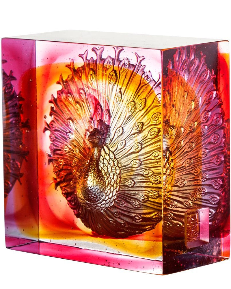 LIULI Crystal Art Crystal Peacock Paperweight, A Radiant Heart, Amber/Gold Red