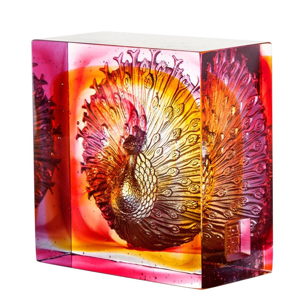 LIULI Crystal Art Crystal Peacock Paperweight, A Radiant Heart, Amber/Gold Red