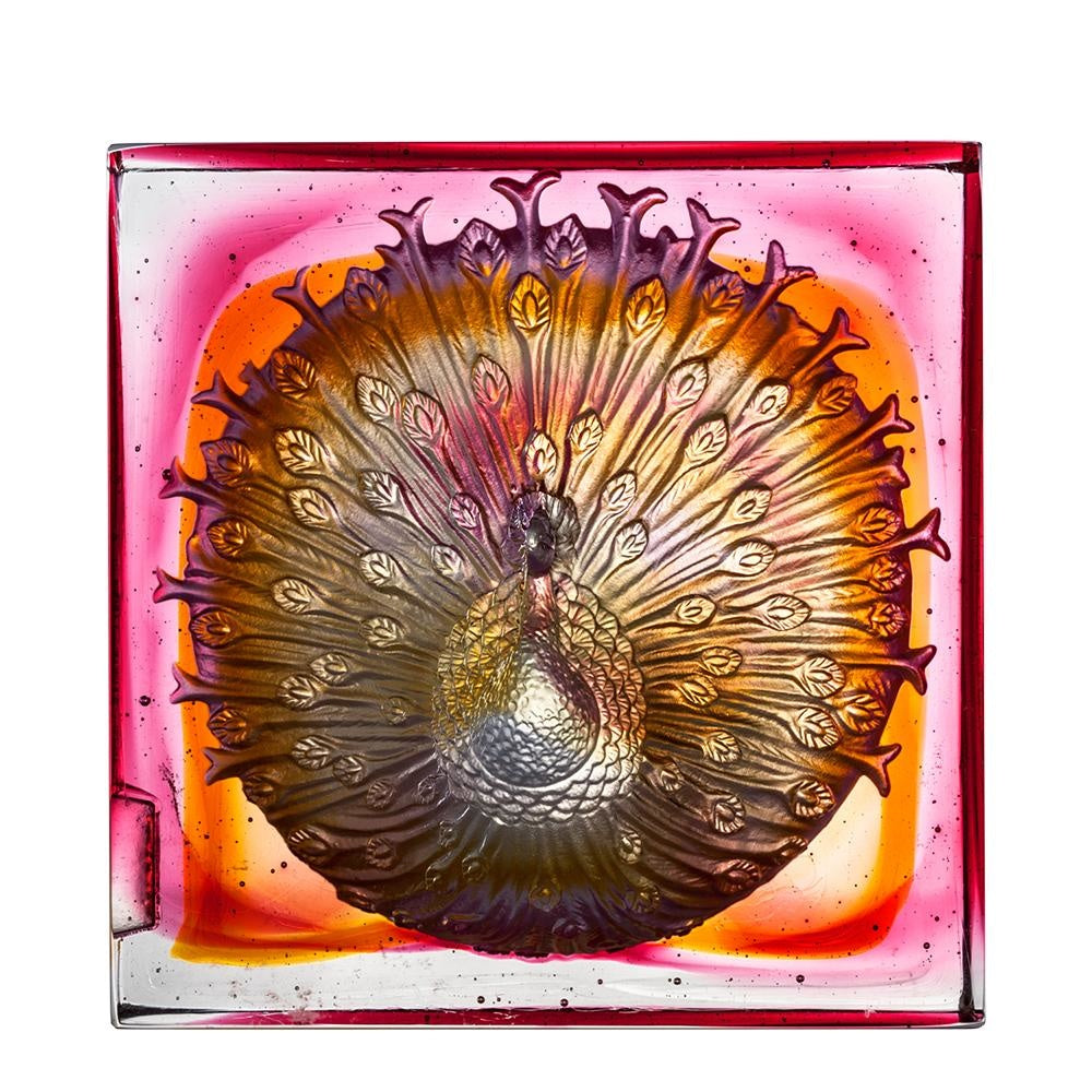 LIULI Crystal Art Crystal Peacock Paperweight, A Radiant Heart, Amber/Gold Red