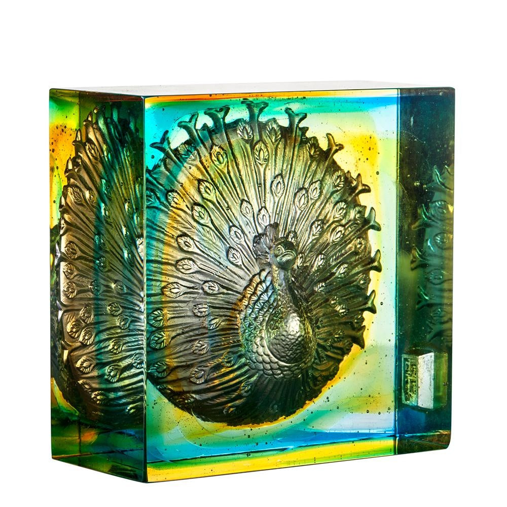 LIULI Crystal Art Crystal Peacock Paperweight, A Radiant Heart, Amber/Sky Blue
