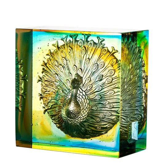 LIULI Crystal Art Crystal Peacock Paperweight, A Radiant Heart, Amber/Sky Blue