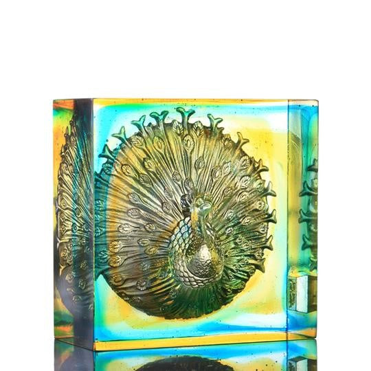 LIULI Crystal Art Crystal Peacock Paperweight, A Radiant Heart, Amber/Sky Blue