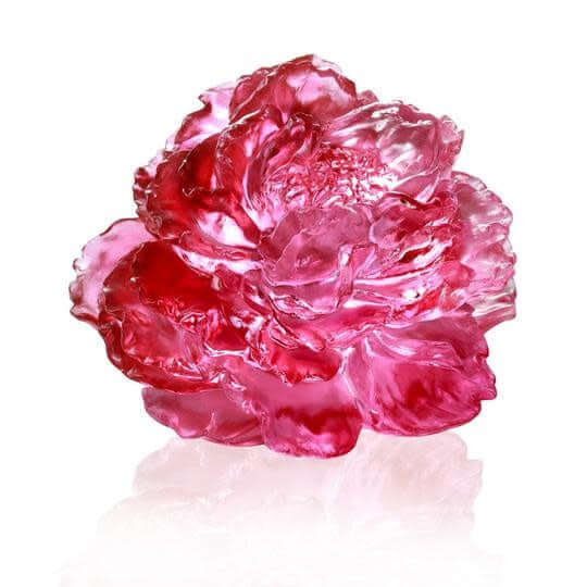 LIULI Crystal Art Crystal "Prosperous Heart, Prosperous World" Peony Flower in Golden Red