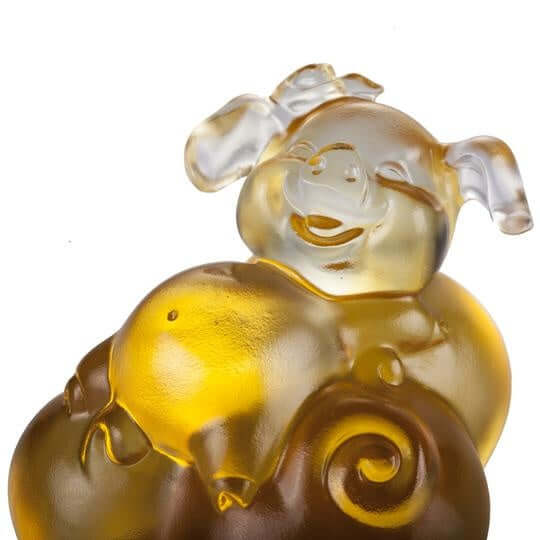 LIULI Crystal Art Crystal "Fortune and Fulfillment" Piglet in Light Amber (Limited Edition)